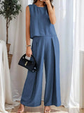 Ruched Round Neck Sleeveless Top and Wide Leg Pants Set - EBYNN