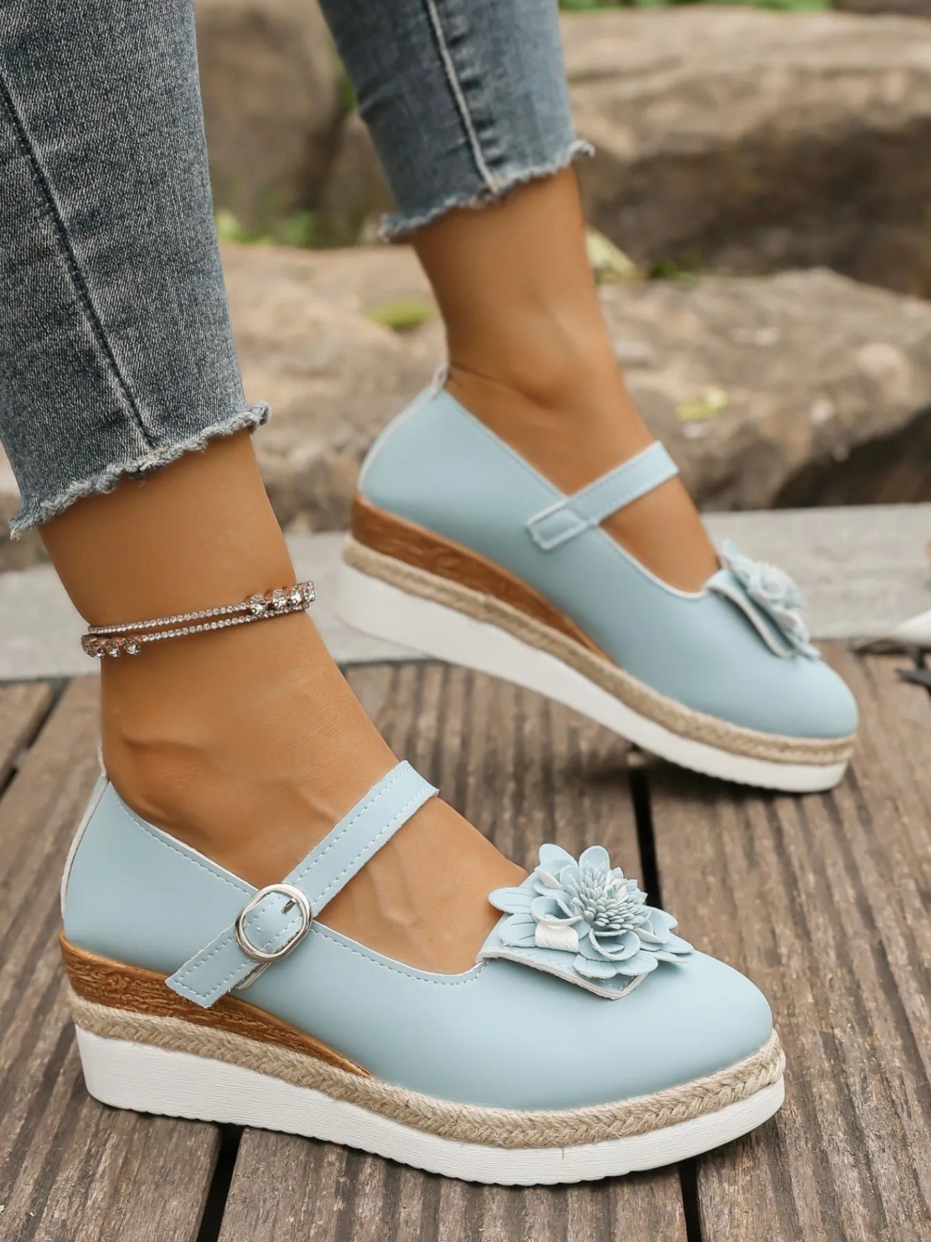 Flower Embellished Mary Jane Loafers.