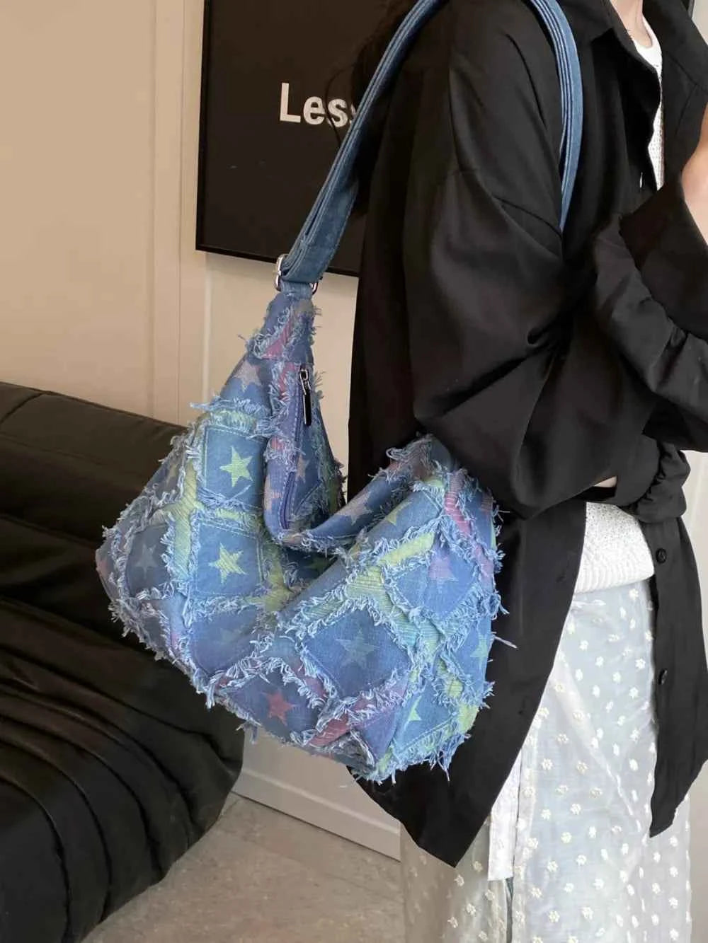 Raw Hem Denim Shoulder Bag.