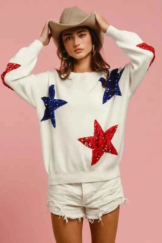 BiBi Velvet Sequin Star Patches Sweater Top.