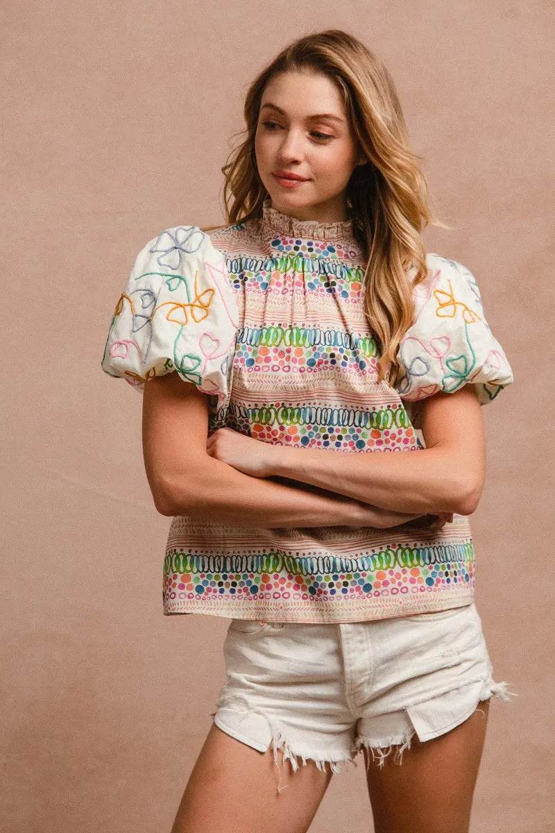 Ruffle Neckline Blouse with Embroidery for Effortless Style - EBYNN