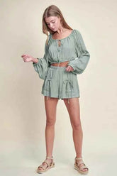 MABLE Gauze Long Sleeve Button Crop Top and Shorts Set - EBYNN