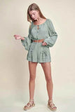 MABLE Gauze Long Sleeve Button Crop Top and Shorts Set - EBYNN