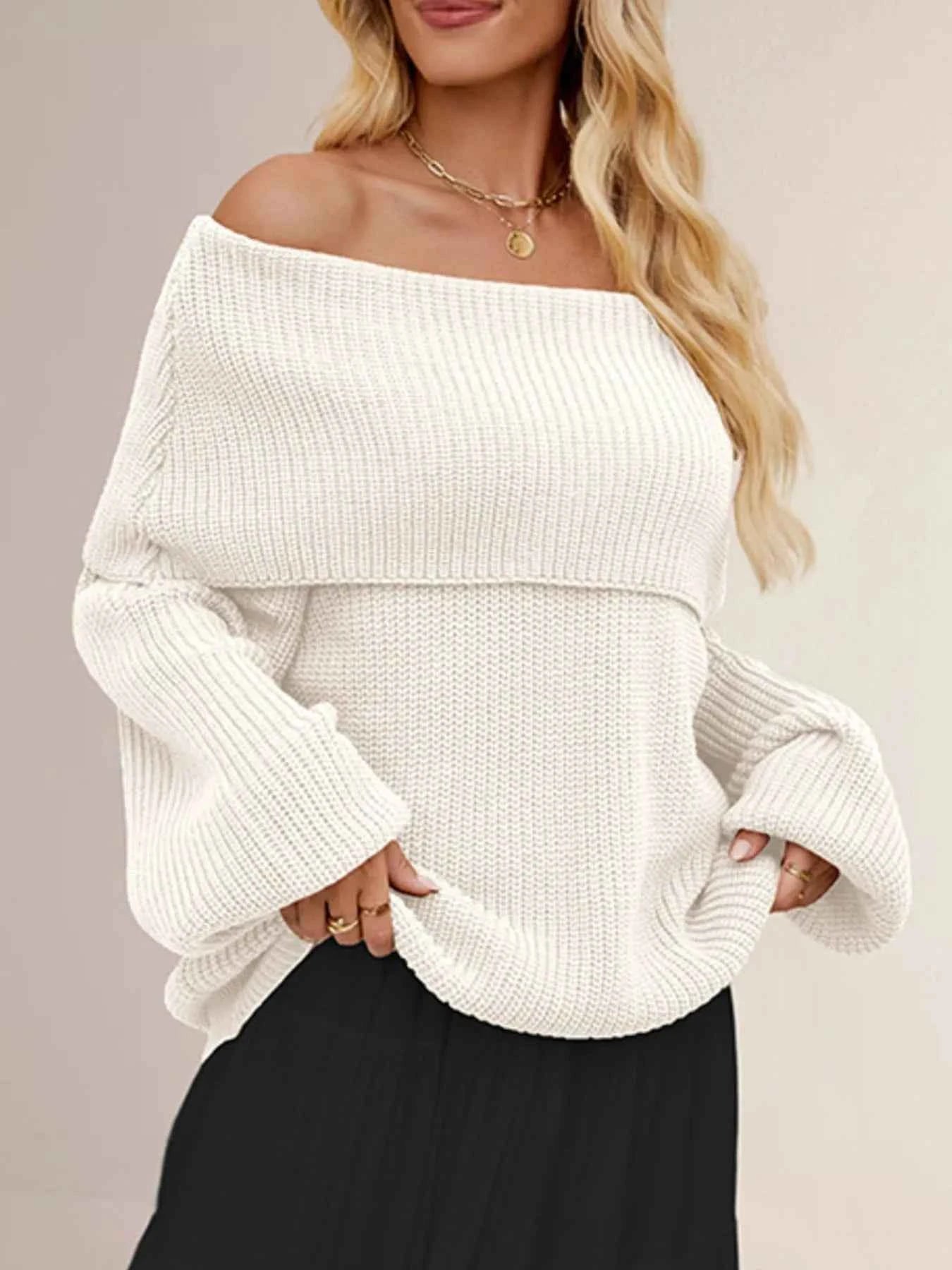 Fold-Over Collar Long Sleeve Sweater.