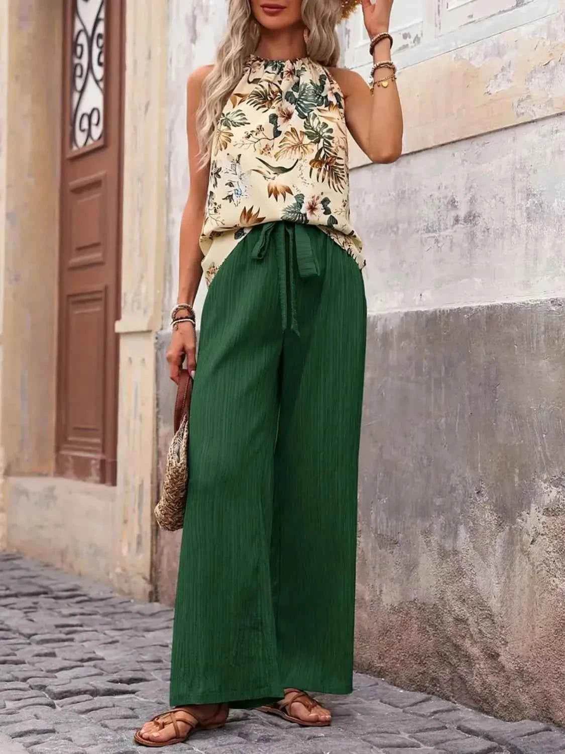 Printed Tank Top and Wide Leg Pants Set for Effortless Style - EBYNN