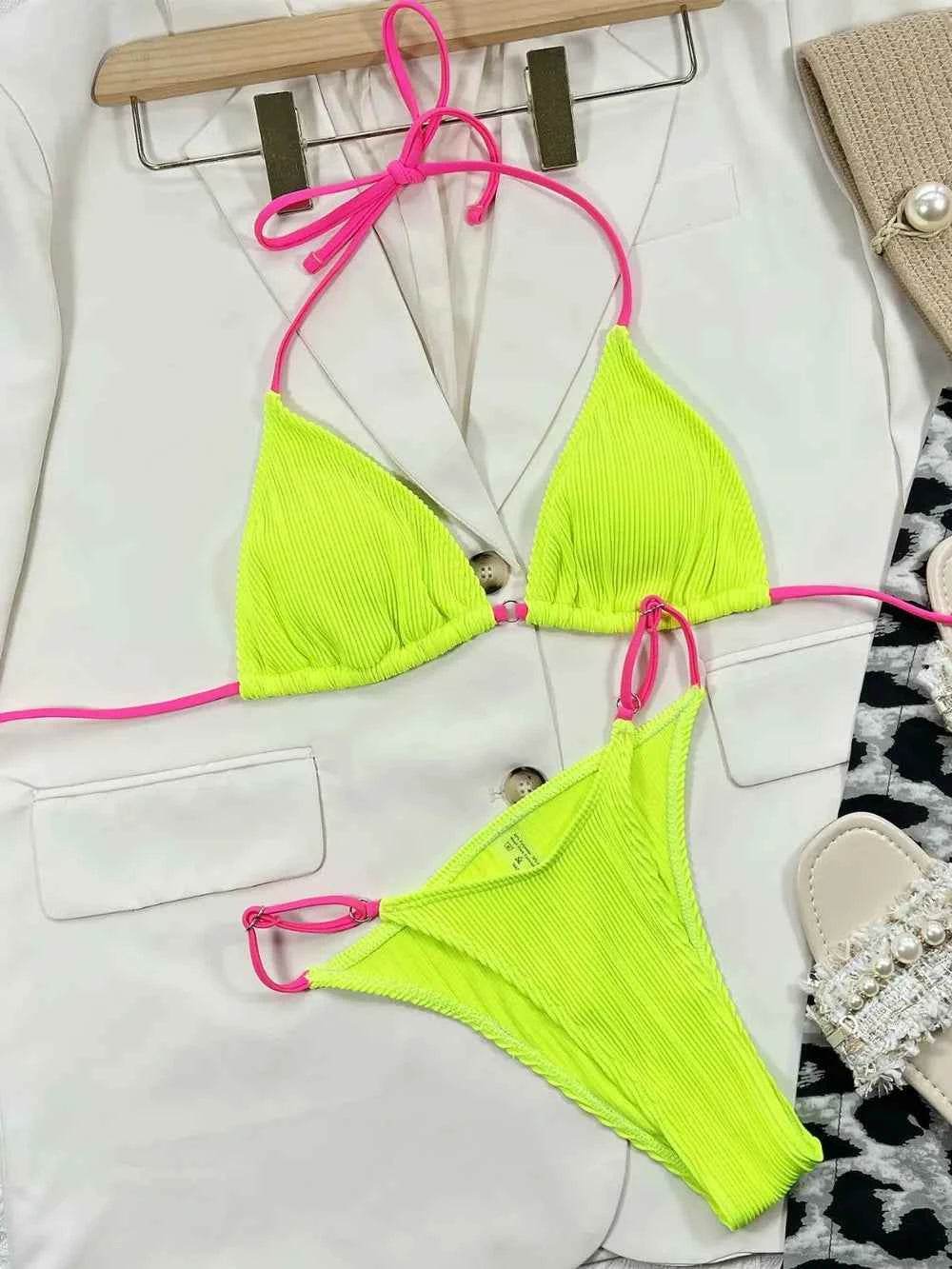 Ribbed Tie Back High Cut Bikini Set.