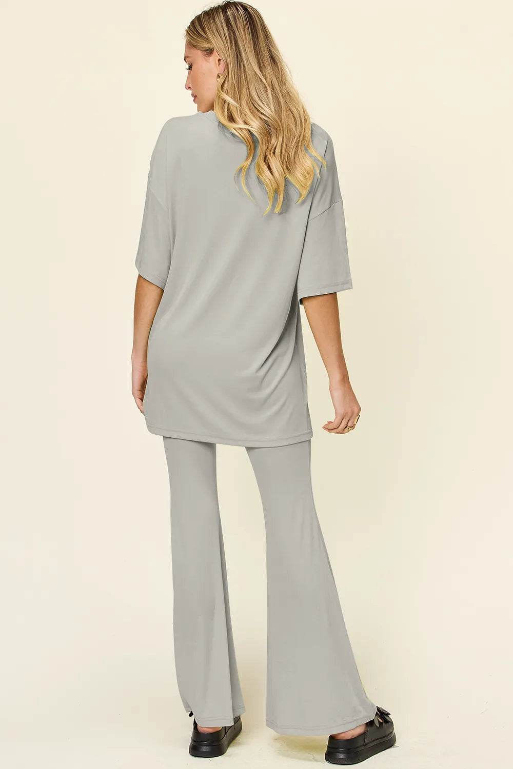 Double Take T-Shirt and Pants Set: Full Size Round Neck Drop Shoulder Style with Flare Pants - EBYNN