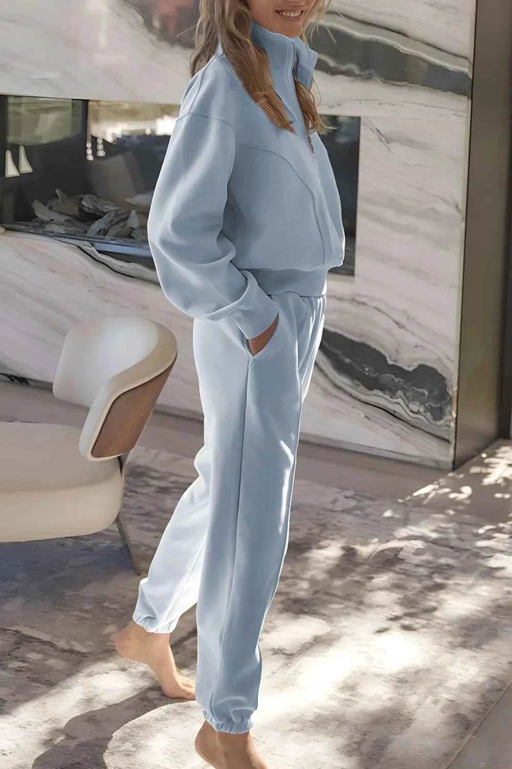 Half Zip Long Sleeve Top and Joggers Set - EBYNN