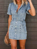 Button-Up Puff Sleeve Denim Shirt Dress.