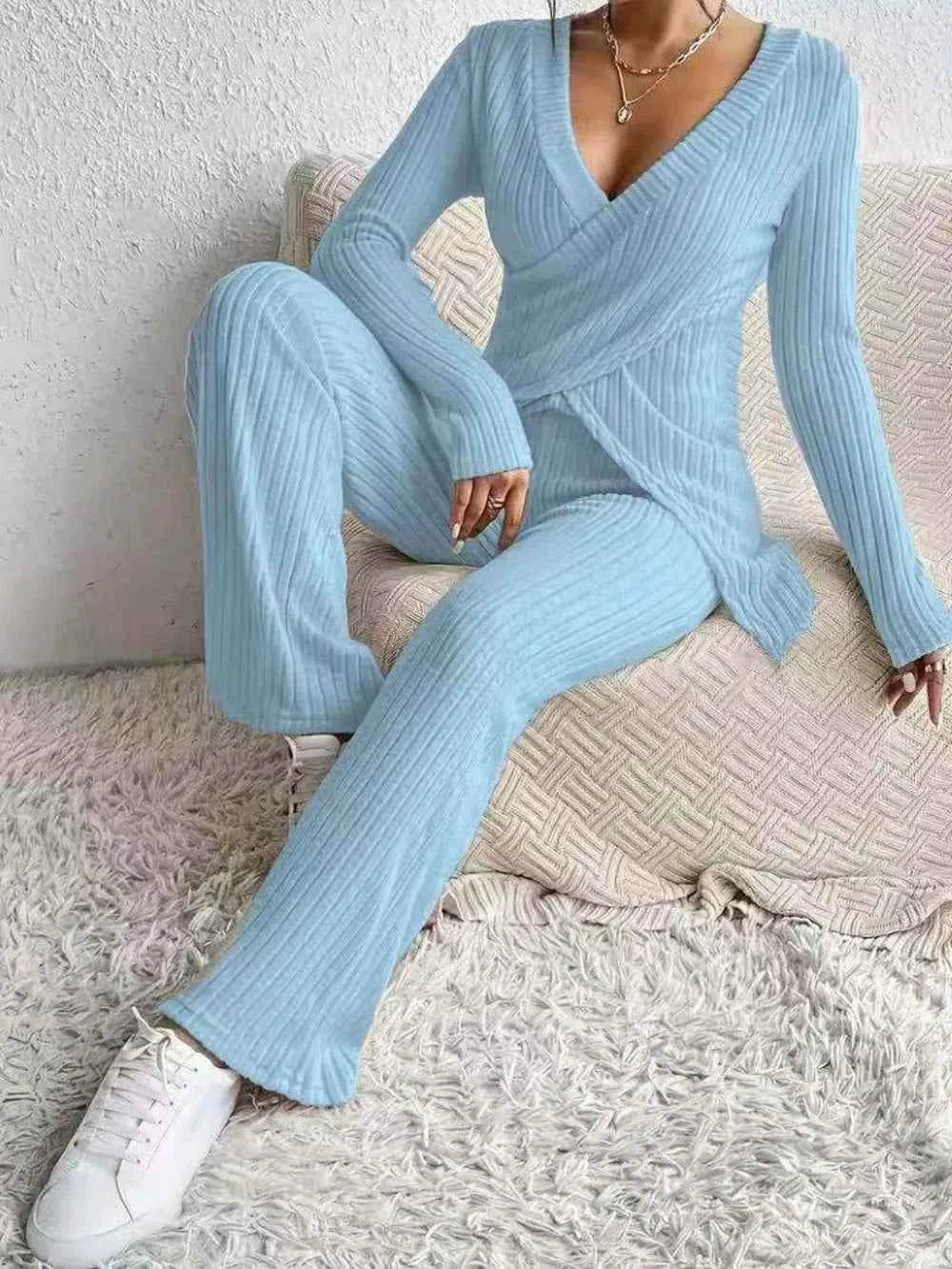 Surplice Long Sleeve Top and Pants Set - EBYNN