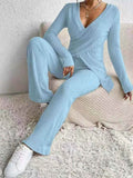 Surplice Long Sleeve Top and Pants Set - EBYNN