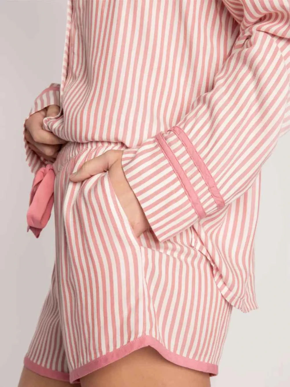 Striped Collared Neck Long Sleeve Top and Shorts Lounge Set.