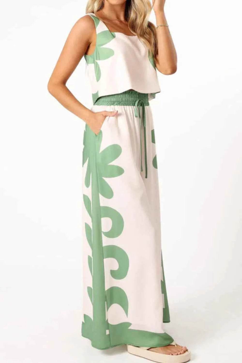 Leaf Print Tank Top and Pants Set - EBYNN