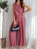 Ruched Round Neck Sleeveless Top and Wide Leg Pants Set - EBYNN