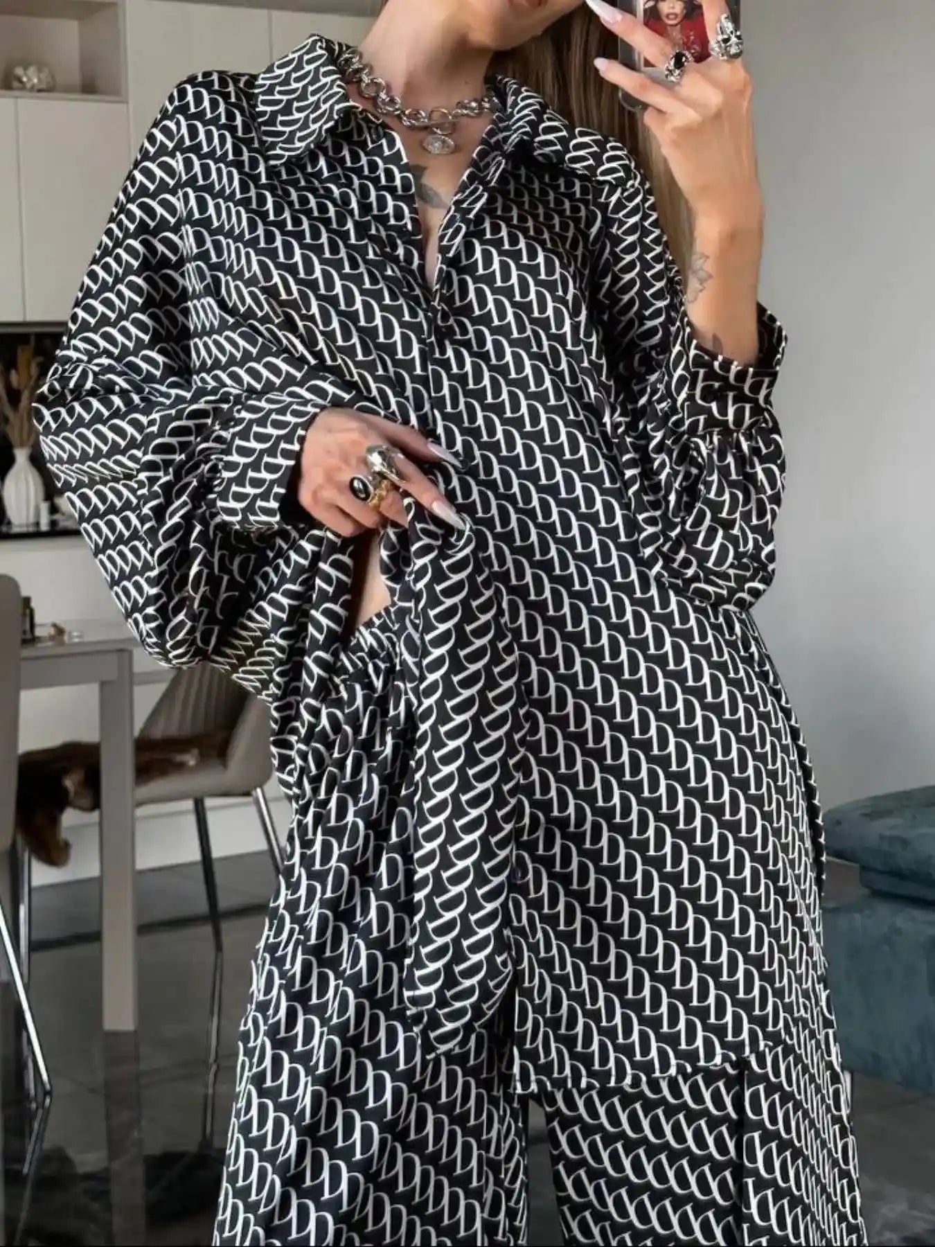 Printed Button Up Shirt and Pants Set.