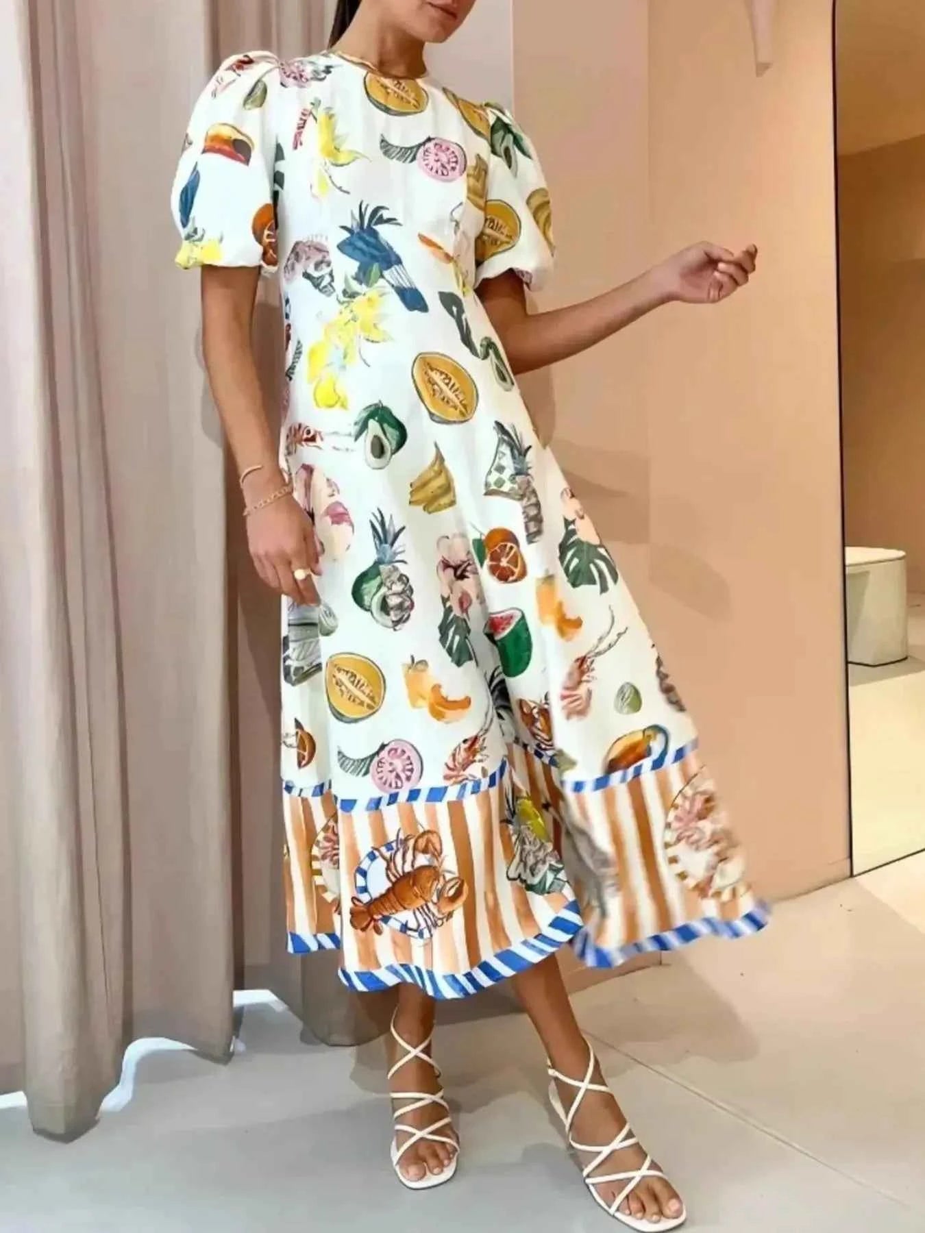 Printed Round Neck Puff Sleeve Dress.