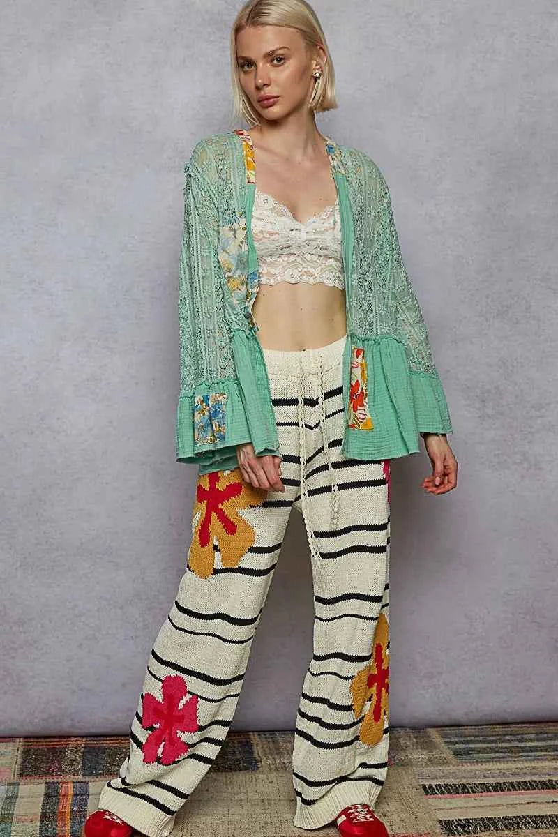 Mint Green Lace Ruffled Hem Open Front Cardigan.