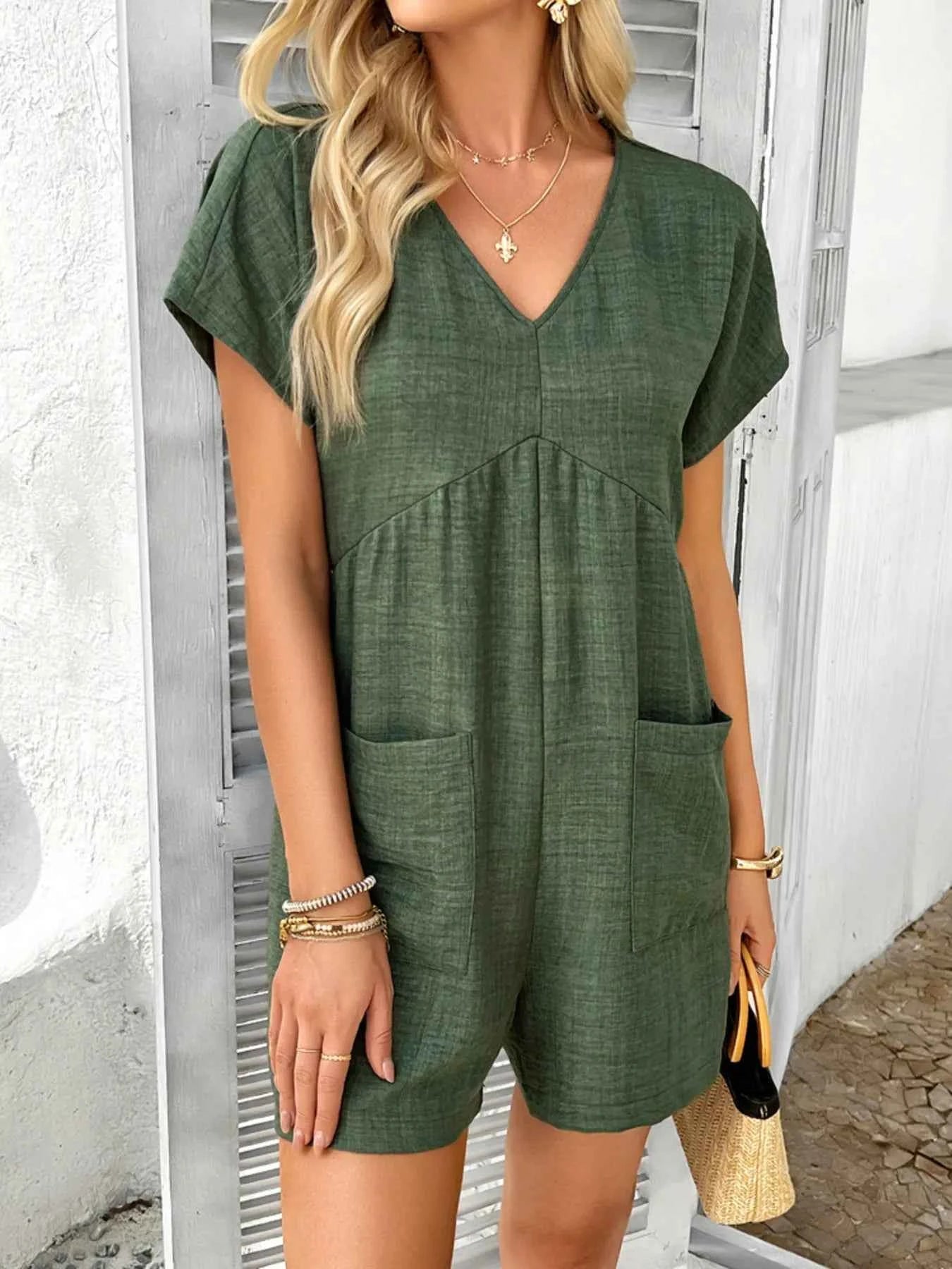 V-Neck Casual Short Sleeve Romper with Pockets.