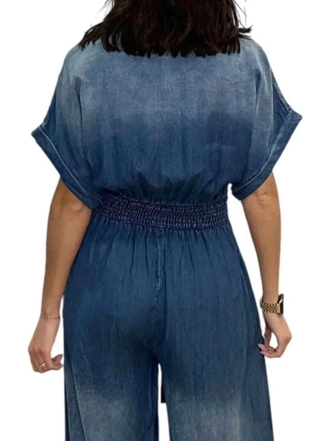 Button Front Wide Leg Denim Jumpsuit.