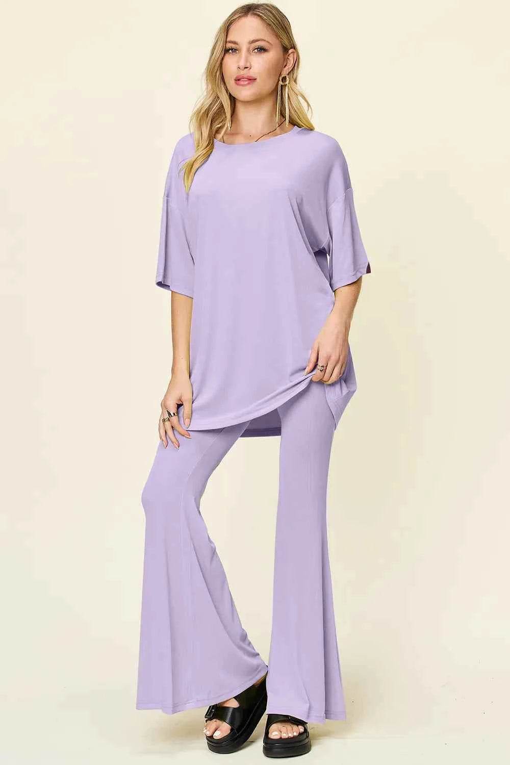 Double Take T-Shirt and Pants Set: Full Size Round Neck Drop Shoulder Style with Flare Pants - EBYNN