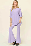 Double Take T-Shirt and Pants Set: Full Size Round Neck Drop Shoulder Style with Flare Pants - EBYNN