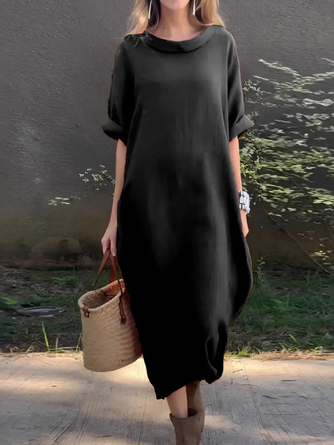 Plus Size Casual Loose Fit Round Neck Midi Dress.