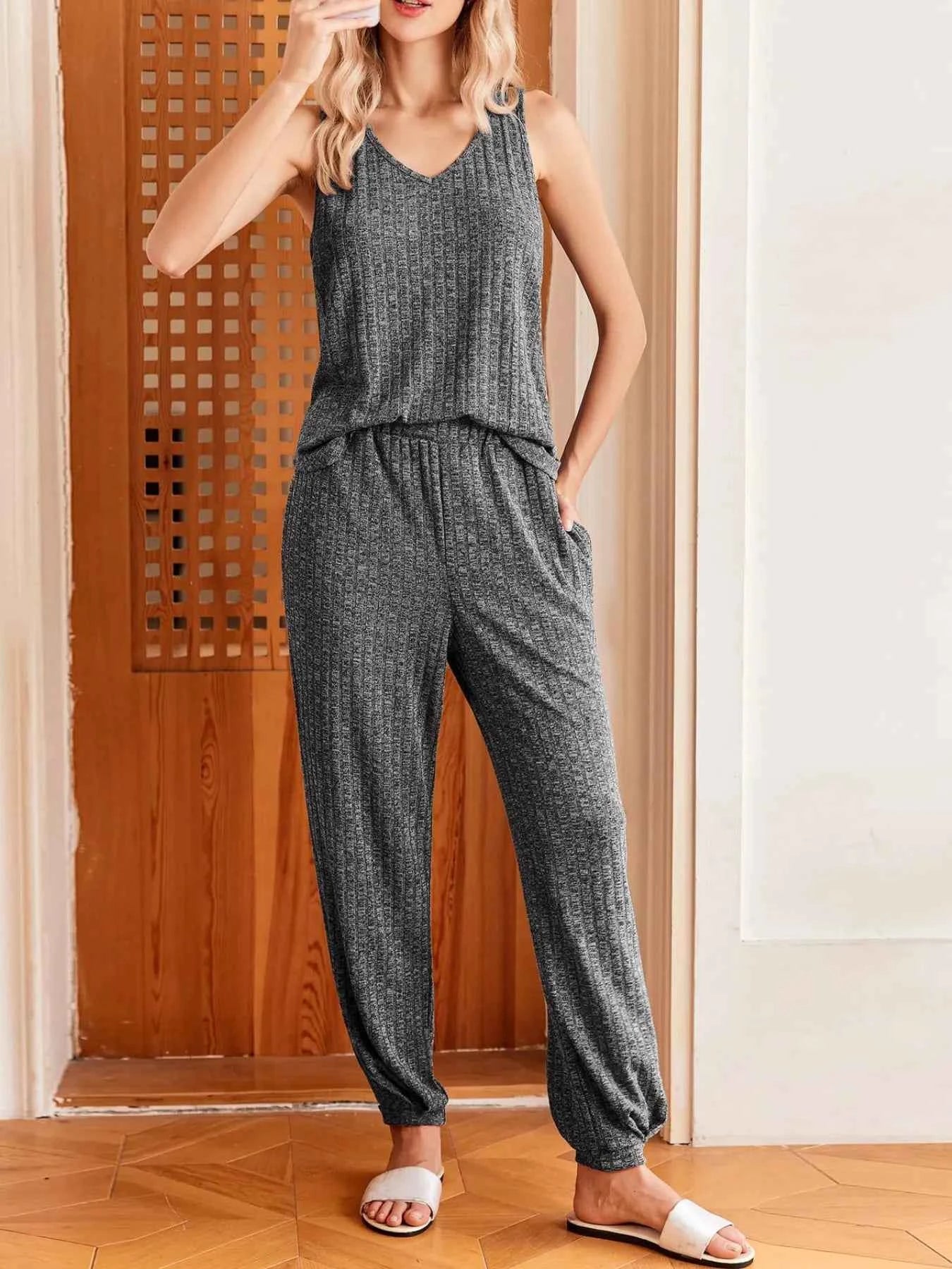 Ribbed Knit V-Neck Tank and Pants Lounge Set.