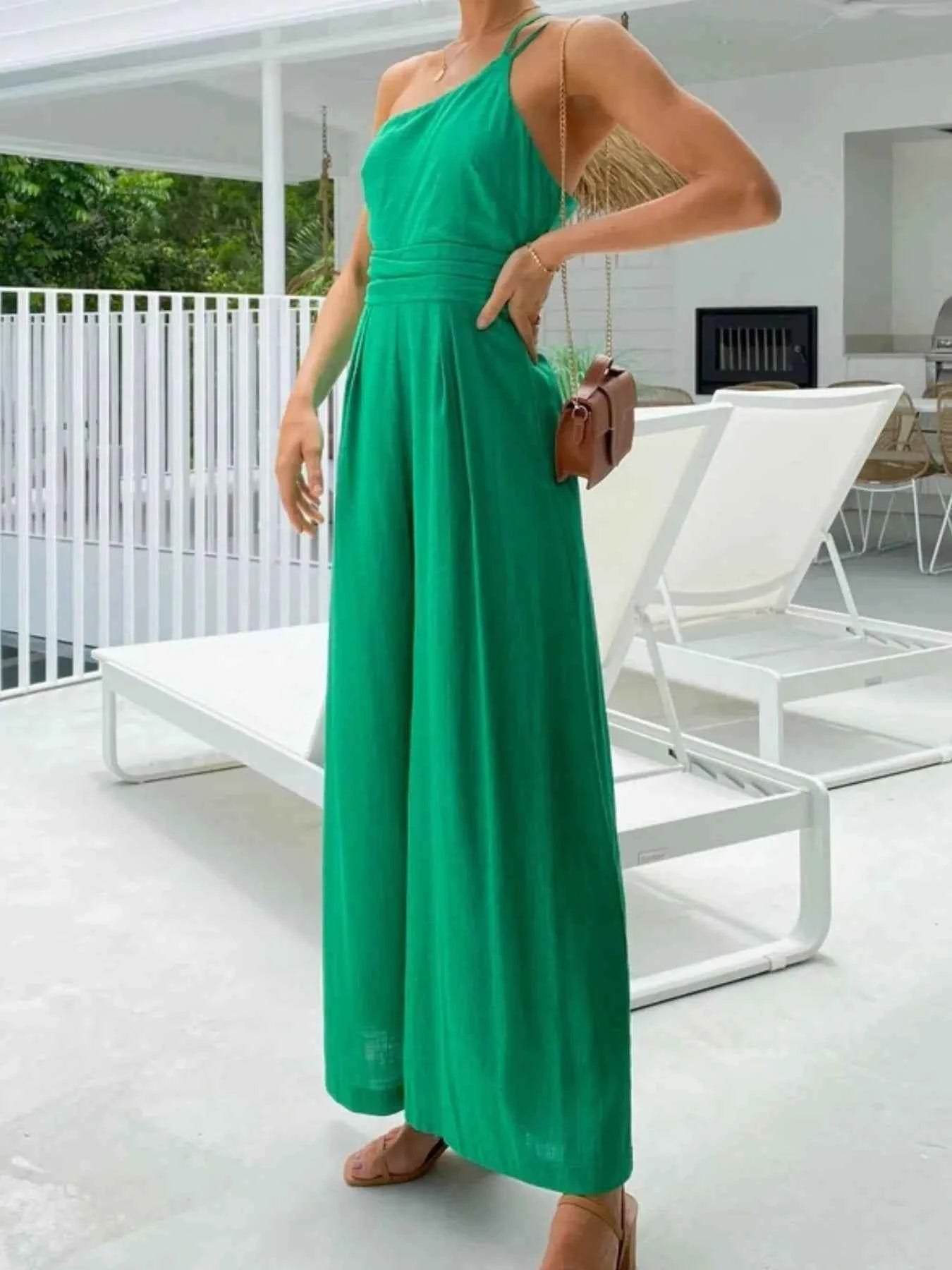 Single Shoulder Wide Leg Jumpsuit.