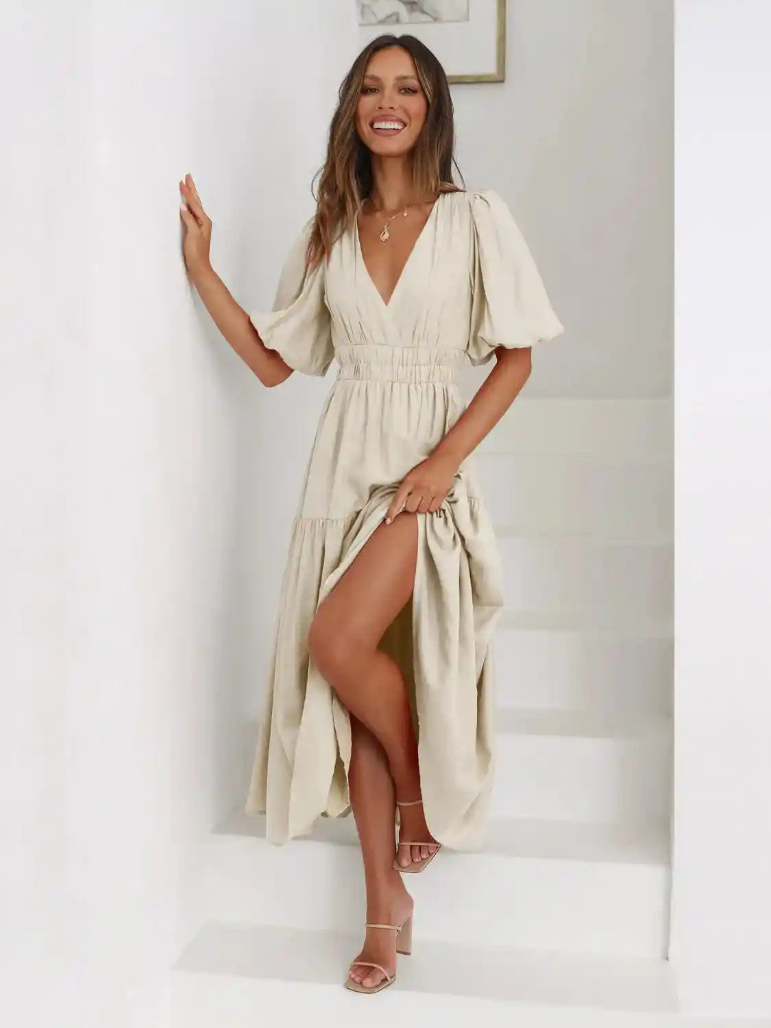 Tiered Surplice Half Sleeve Midi Dress.