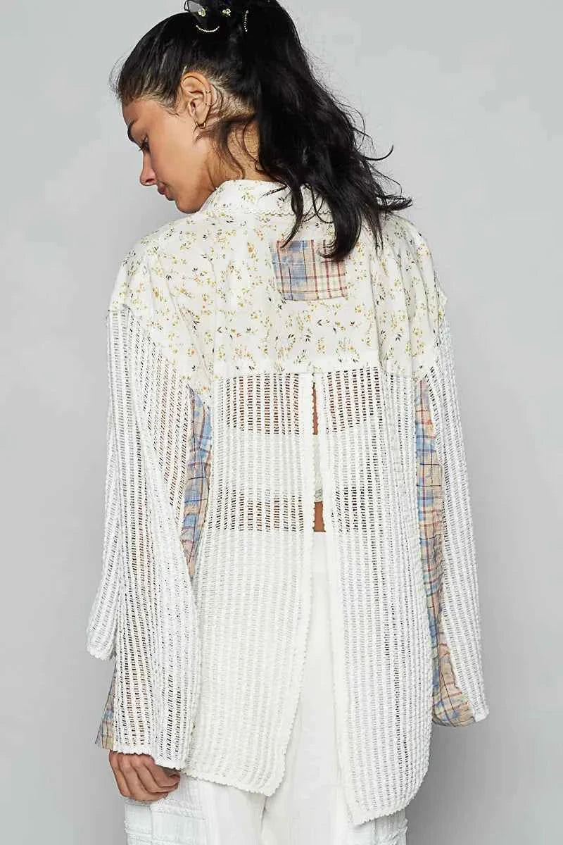 POL Floral Slit Back Plaid Patchwork Shirt.