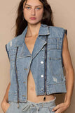 POL Cropped Denim Jacket with Zipper Accents.