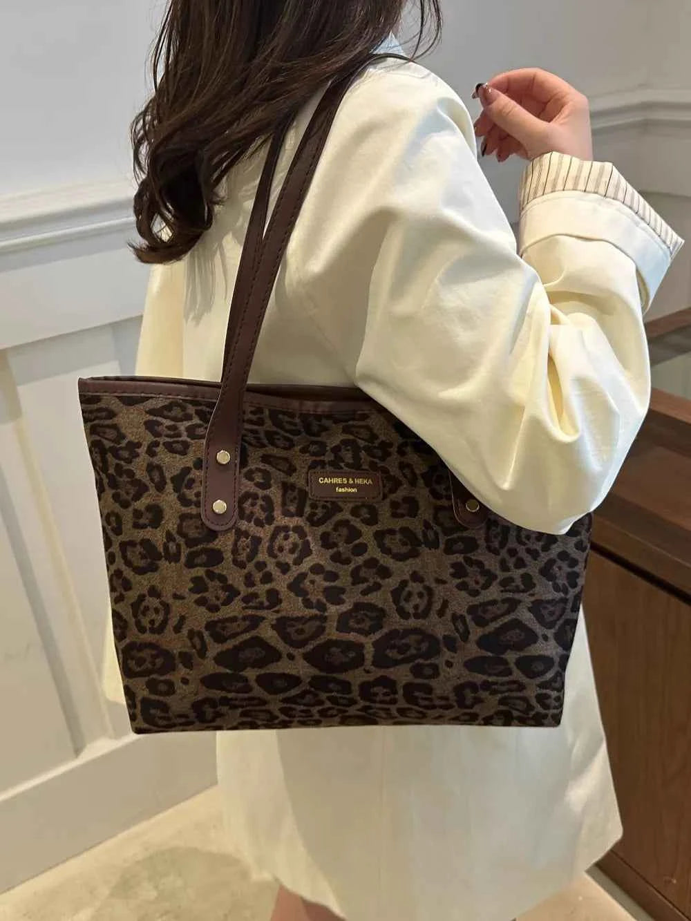 Large Leopard Print Polyester Tote Bag.
