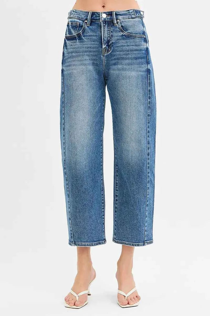 RISEN High Rise Crop Length Barrel Jeans with Adjustable Waist.