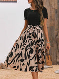 Printed Round Neck Short Sleeve Midi Dress.
