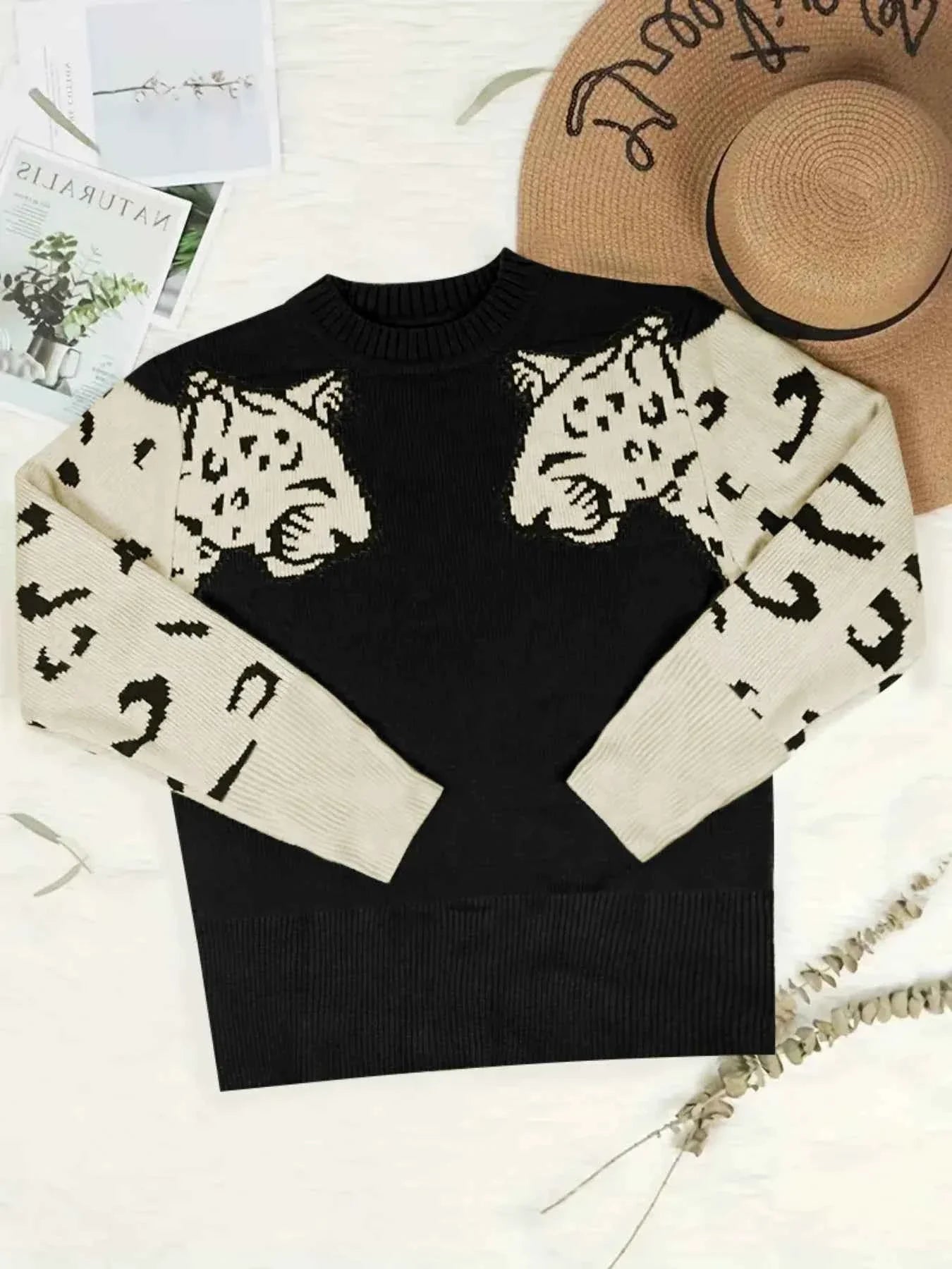Leopard Print Round Neck Sweater.