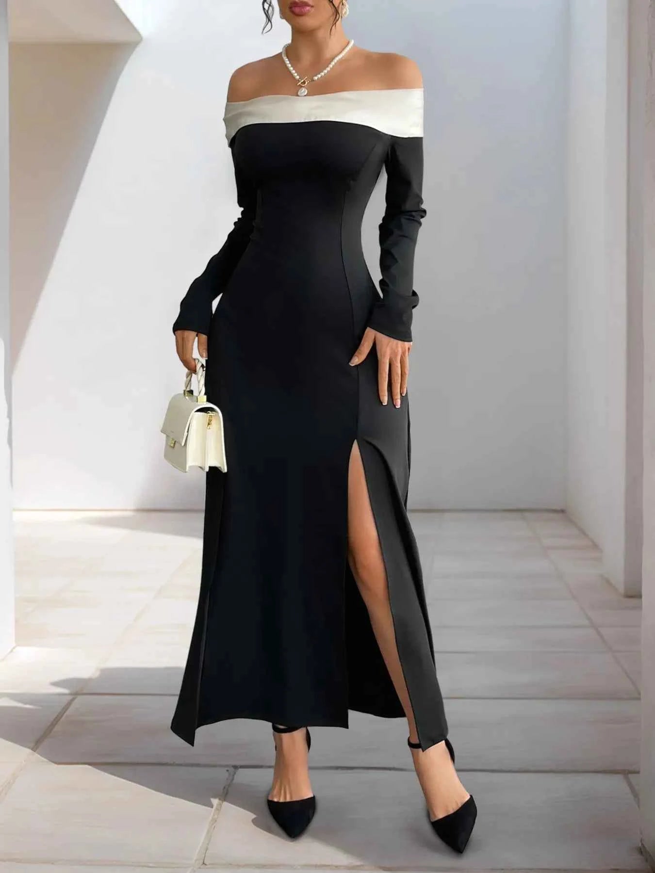 Side Slit Off-Shoulder Maxi Dress.