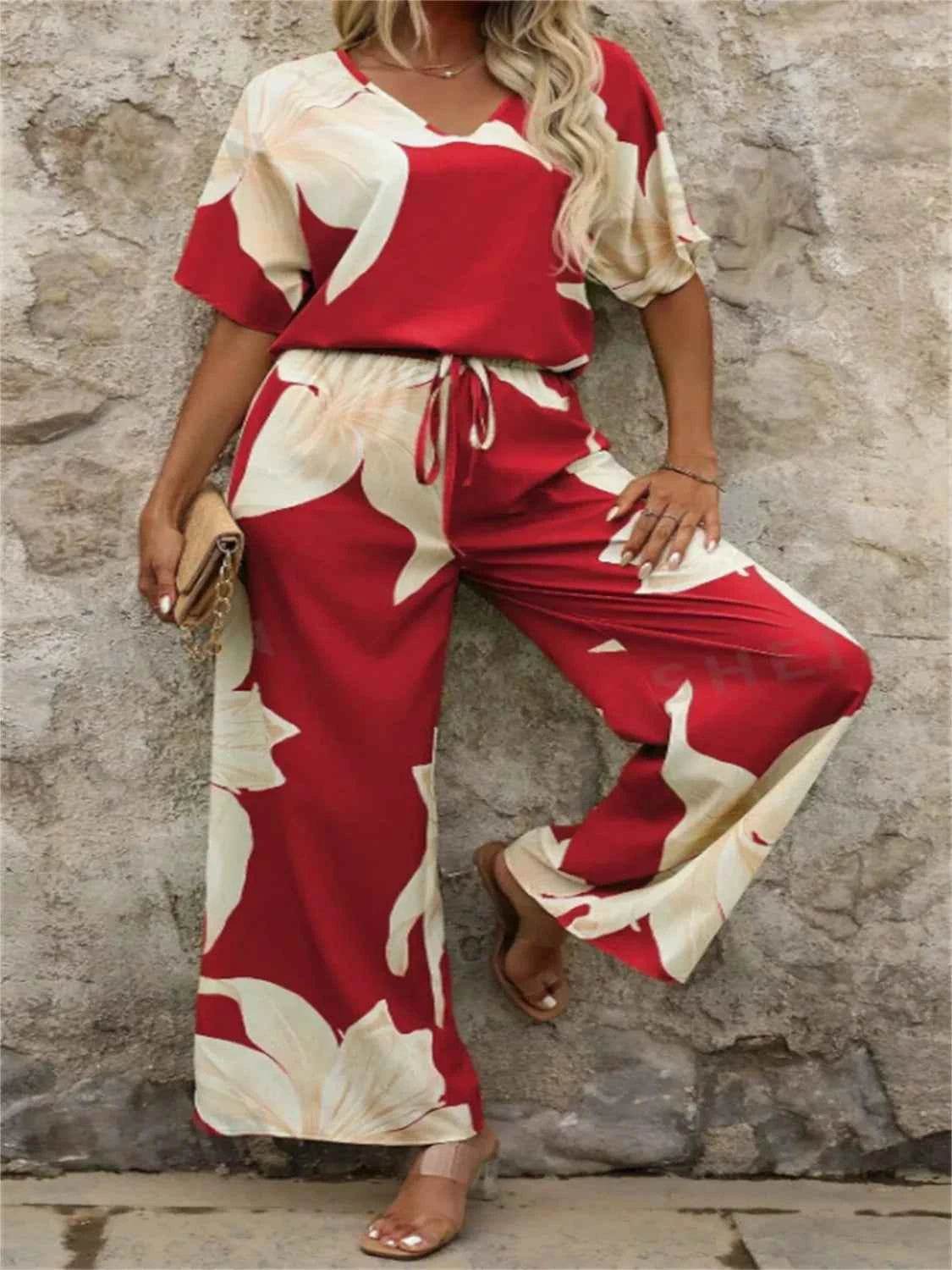 Printed V-Neck Top and Wide Leg Pants Set - EBYNN