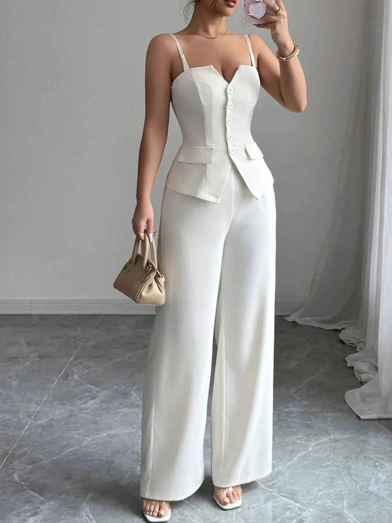 Button Front Cami Set and Pants for Stylish Comfort - EBYNN