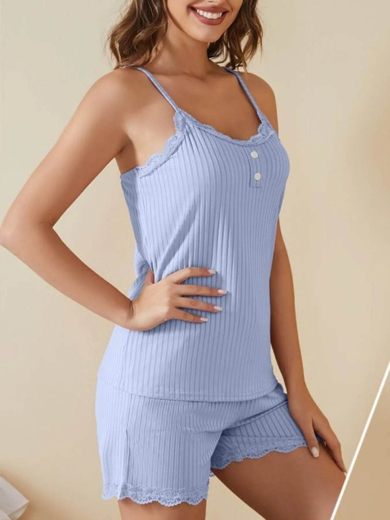 Lace Trimmed Lounge Set: Comfortable Ribbed Cami and Shorts Combination - EBYNN