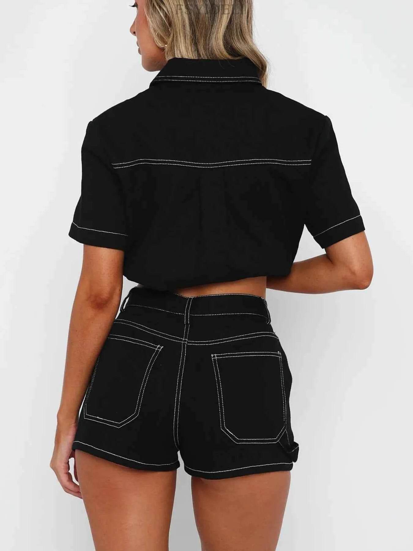 Button Up Denim Set: Short Sleeve Top and Shorts for Effortless Style - EBYNN