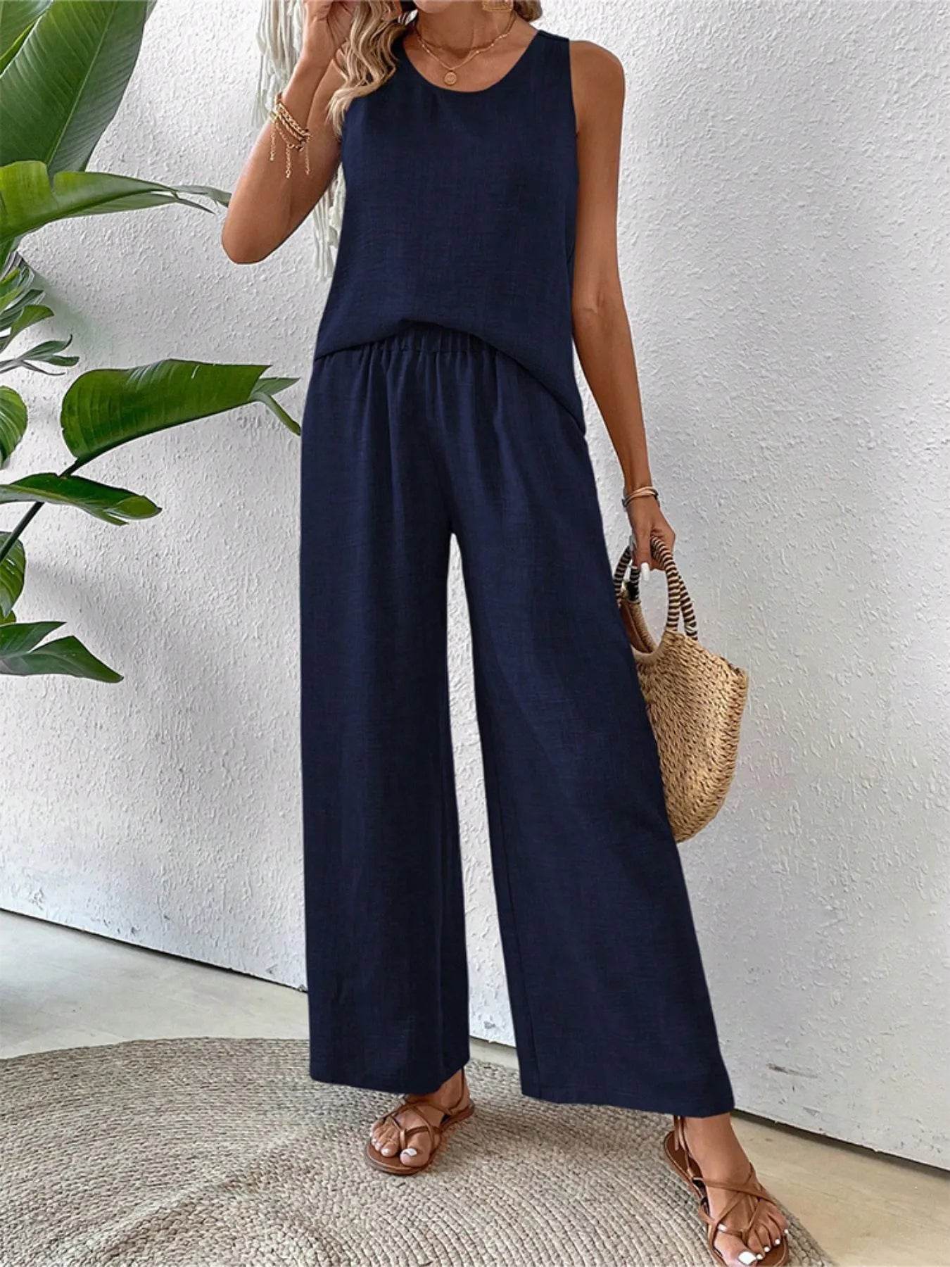 Round Neck Tank and Wide Leg Pants Set - EBYNN