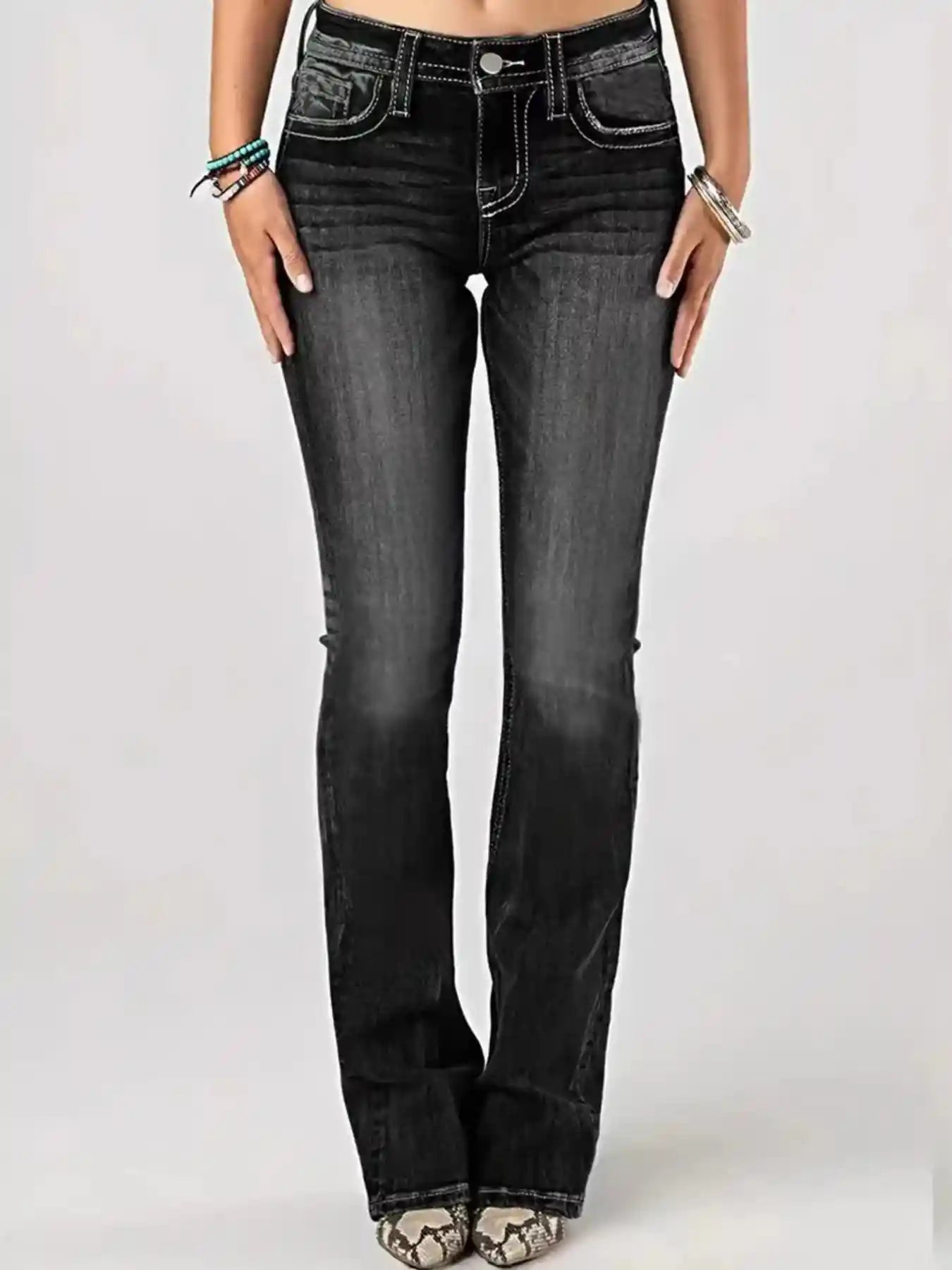 Embroidered Washed Bootcut Jeans.