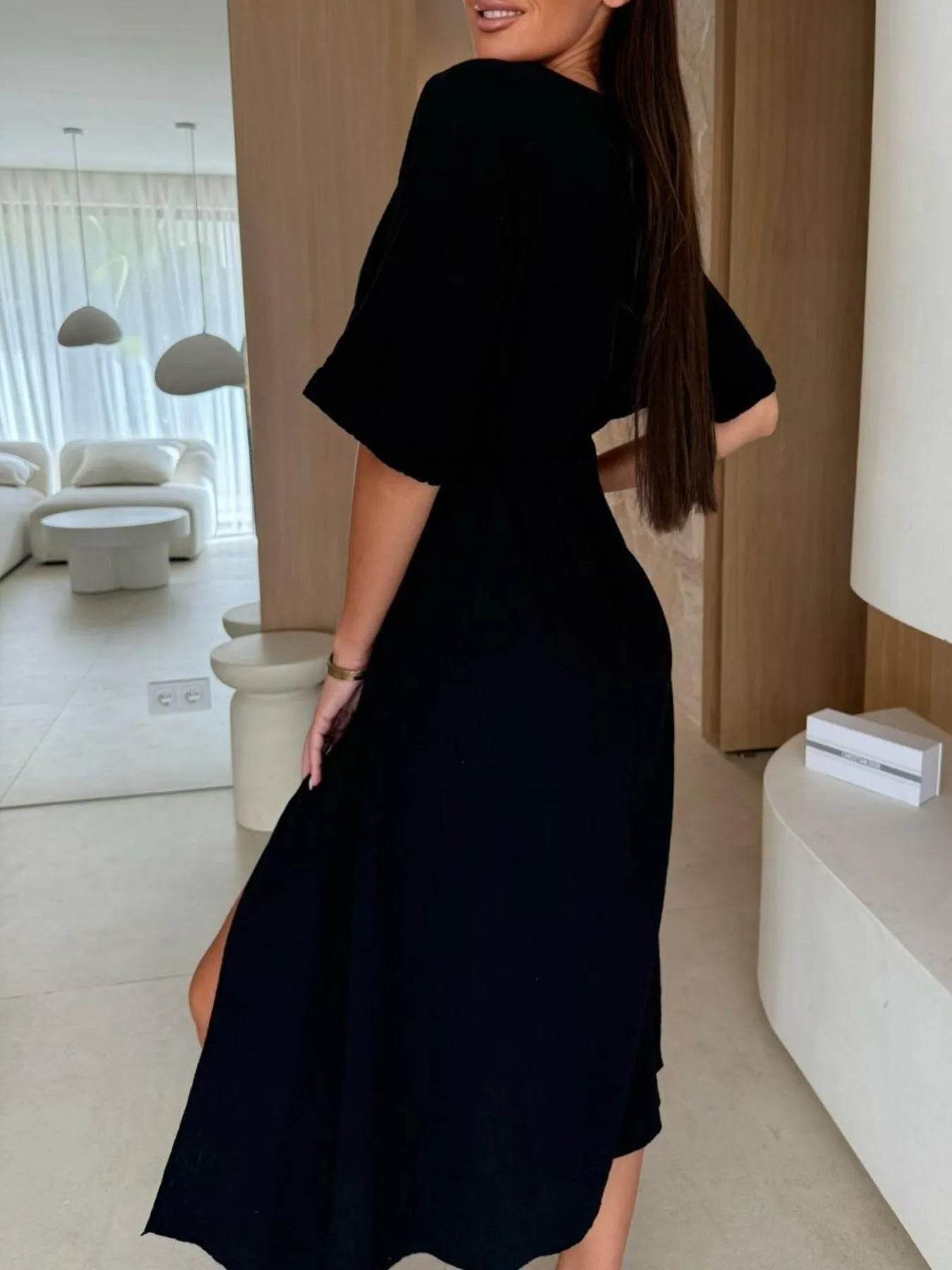 Slit Surplice Half Sleeve Midi Dress.