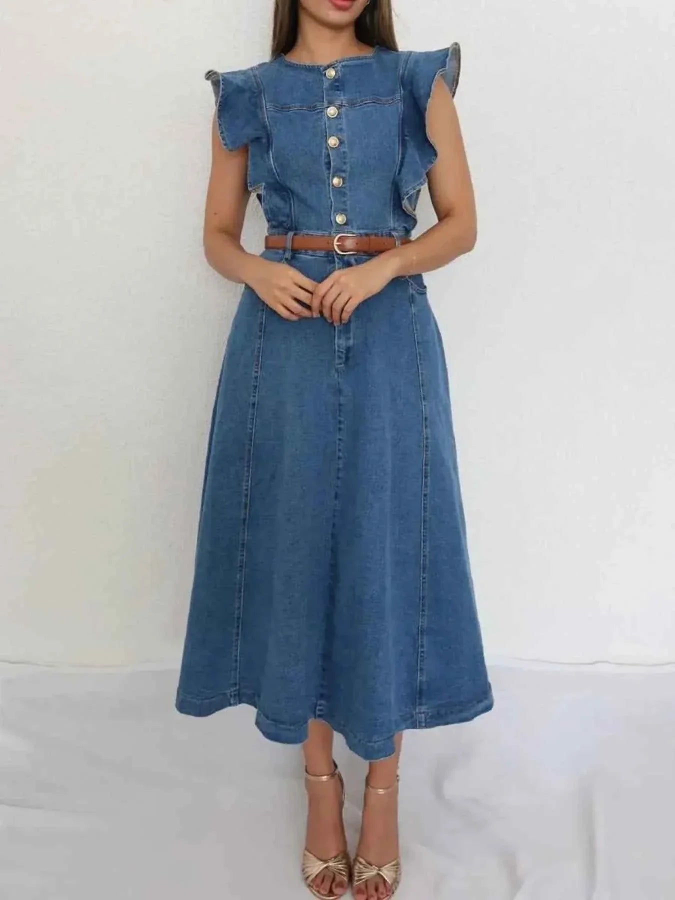 Button-Front Ruffle Sleeve Denim Midi Dress.