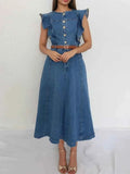 Button-Front Ruffle Sleeve Denim Midi Dress.