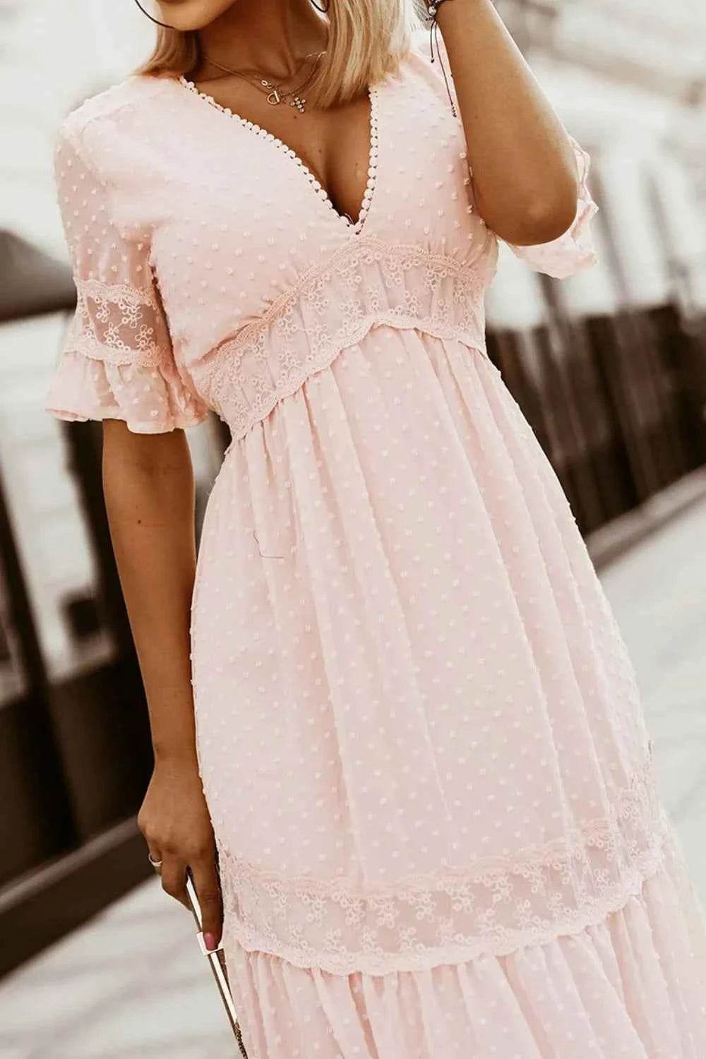 Polka Dot V-Neck Ruffle Midi Dress.