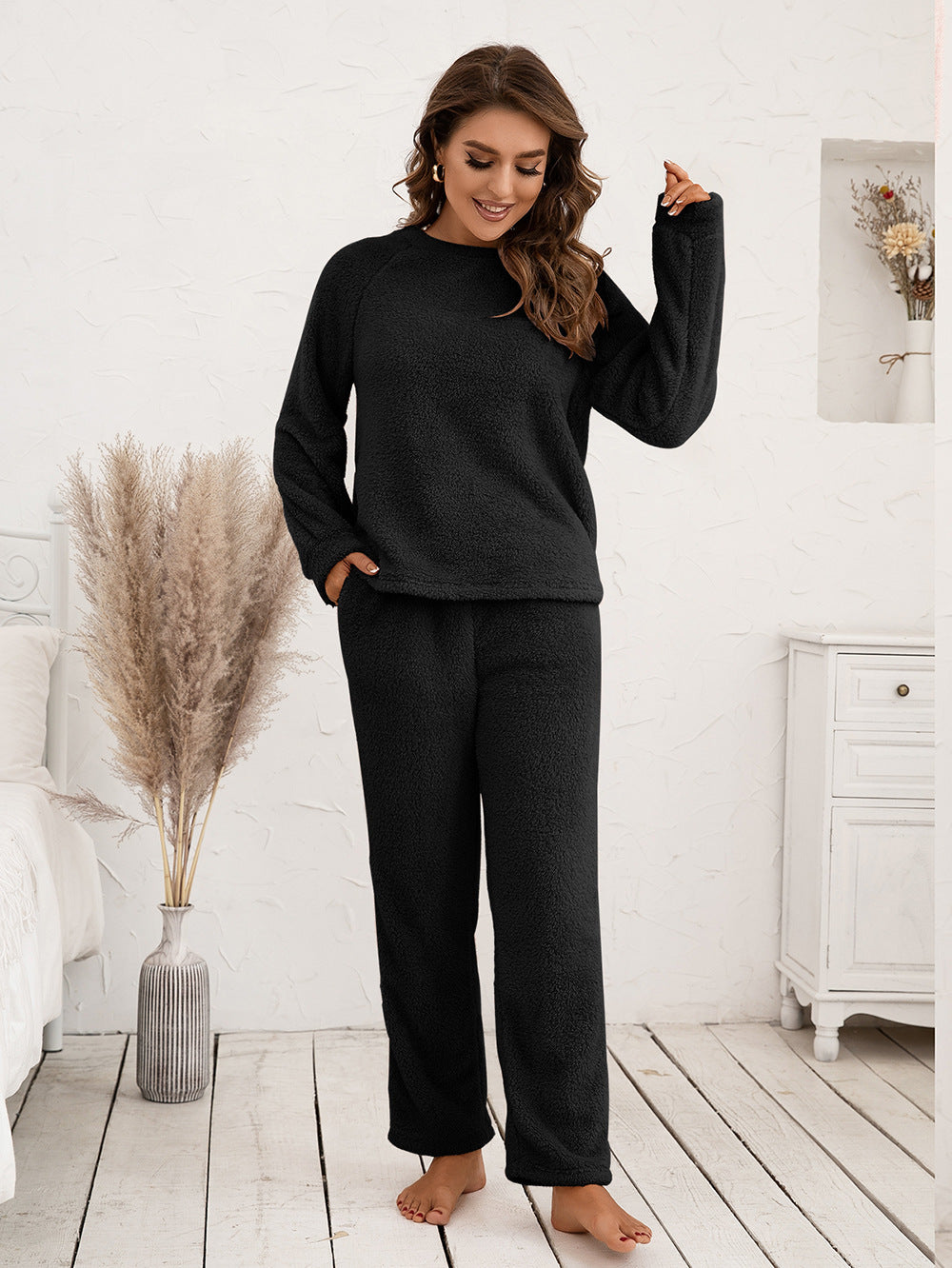 Ivy Lane Teddy Long Sleeve Top and Pants Lounge Set.