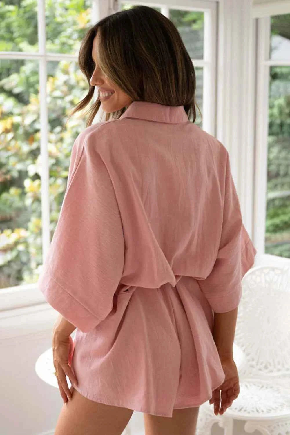 Tied Button Up Collared Neck Cotton Romper.