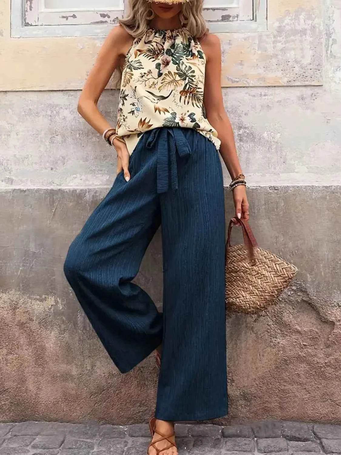 Printed Tank Top and Wide Leg Pants Set for Effortless Style - EBYNN