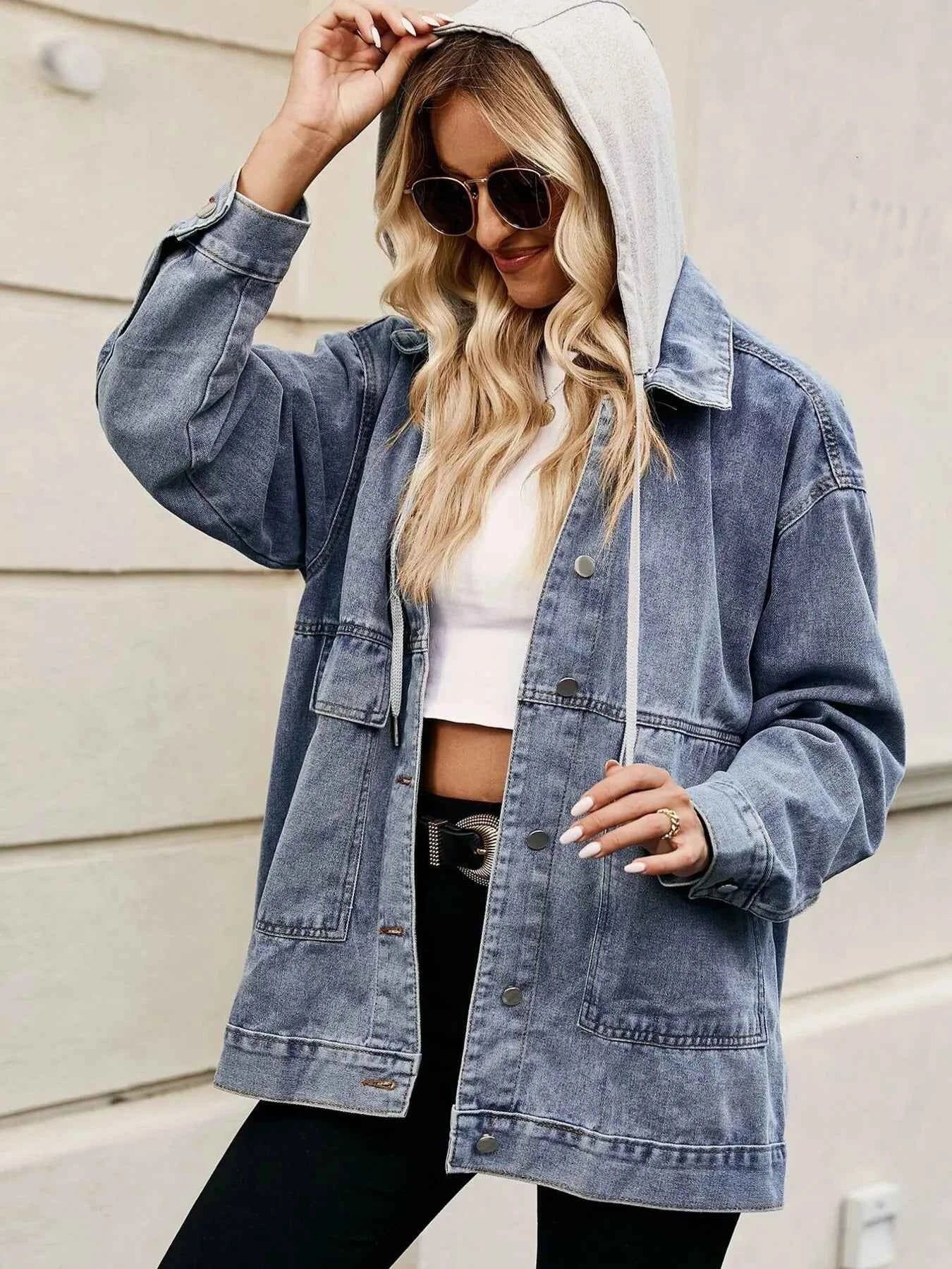 Oversized Button Up Denim Jacket with Hood.